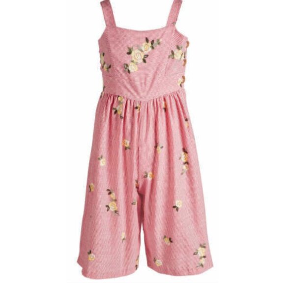 NWT BONNIE JEAN ROMPER RED WHITE STRIPES EMBROIDERED FLOWER SIDE BUTTONS SIZE 16 - Picture 1 of 7